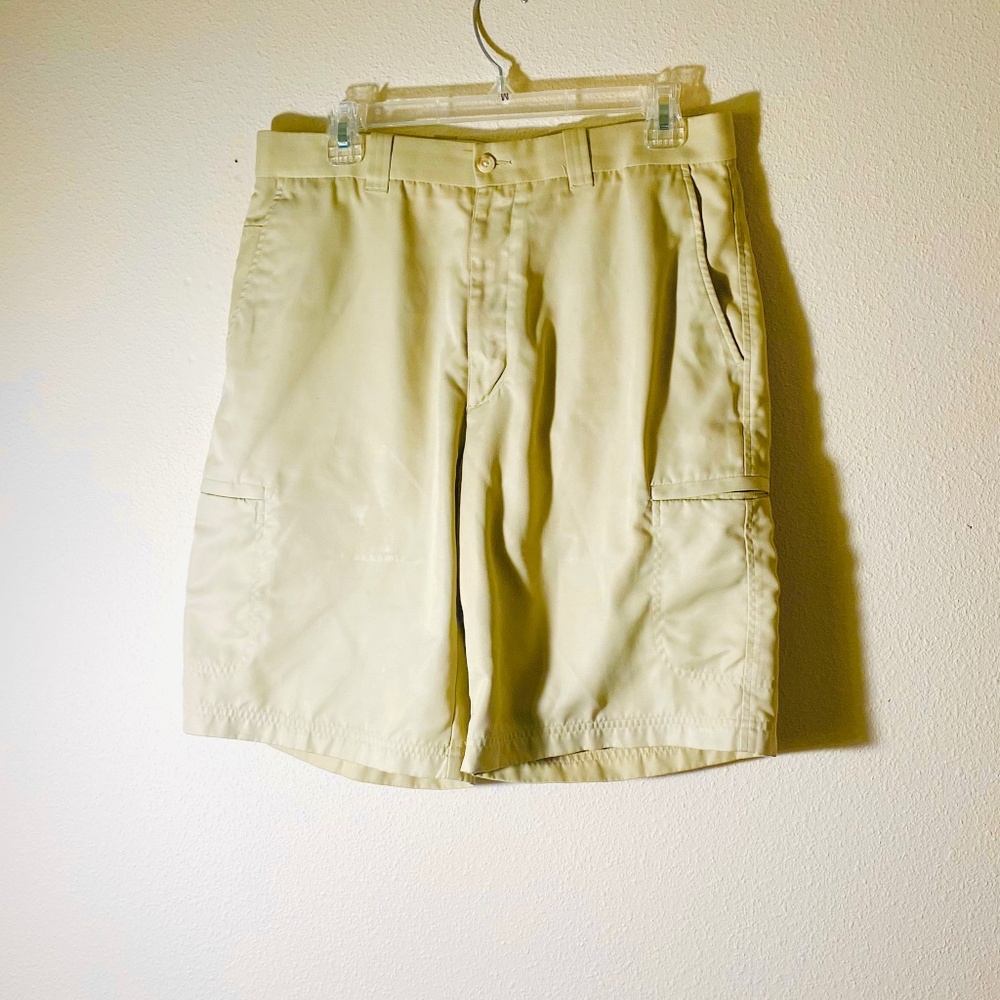 TOP FLIGHT MENS POLY GOLF/SPORTS/CASUAL/CARGO SHORTS SZ 32"W BEIGE FLAT FRONT
